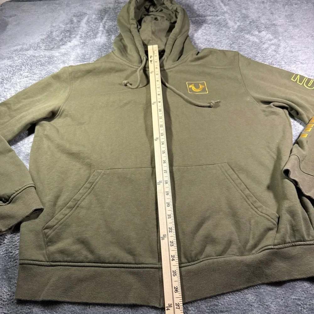 True Religion Mens Olive Green Full Zip Hoodie Gold Logo Sleeve Graphic XL